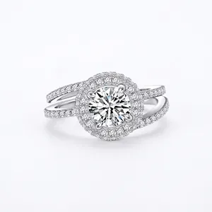 Luxury 925 Sterling Silver Halo Ring With Round Zirconia Elegant Double Layer Micro Inlaid Finger Ring For Women Jewelry Gift