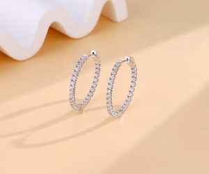 Macro shot of S925 sterling silver hoop earrings with micro-pave moissanite stones