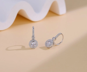 Macro shot of S925 sterling silver halo hoop earrings with brilliant zircon stones