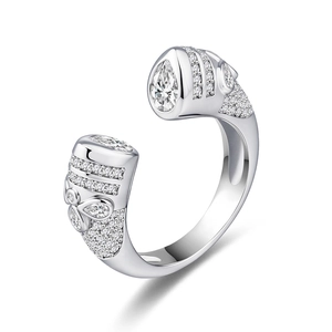 Elegant S925 sterling silver open ring with dual pear-cut diamonds and micropave stones