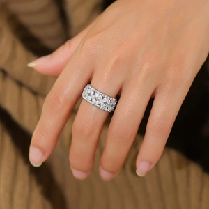 Lace-style wide 925 silver ring with hollow clover pattern and pavé zircon stones