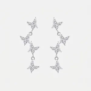 S925 Sterling Silver Butterfly Tassel Stud Earrings For Women Zirconia Inlaid Sweet Long Dangle Earrings Versatile Jewelry