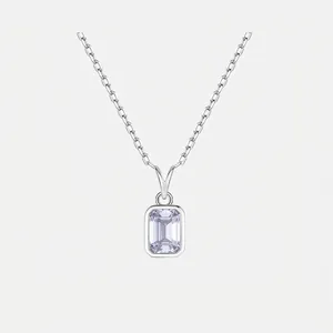 925 Sterling Silver Square Zirconia Pendant Necklace For Women Emerald Cut Elegant Minimalist Fine Jewelry Neck Chain