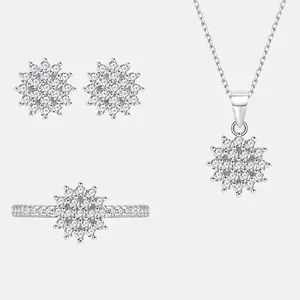 925 Sterling Silver Snowflake Jewelry Set For Women Zirconia Necklace Stud Earrings Ring Adjustable Fashion Party Gift