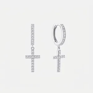 925 Sterling Silver Zirconia Cross Drop Hoop Earrings Fashion Western Style Jewelry For Women Men Unisex Accessories