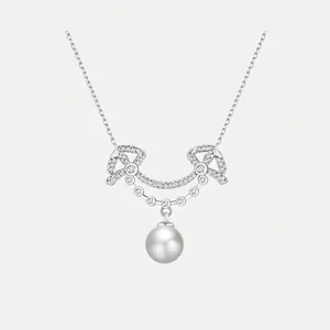 Elegant Curved Smile Artificial Pearl Necklace With 925 Sterling Silver Chain Pave Zircon Bow-knot Pendant For Women French Style