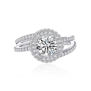 S925 sterling silver halo ring featuring round brilliant cut center stone and triple band