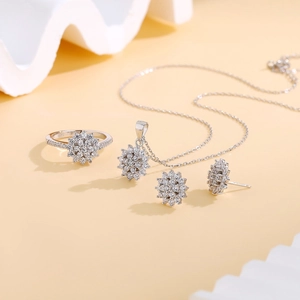 S925 sterling silver sunflower jewelry set including snowflake ring necklace and earrings