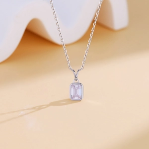 Elegant S925 sterling silver necklace with emerald-cut square zircon pendant for women