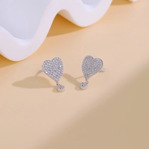 Elegant S925 sterling silver heart stud earrings with pave crystals and small round drops