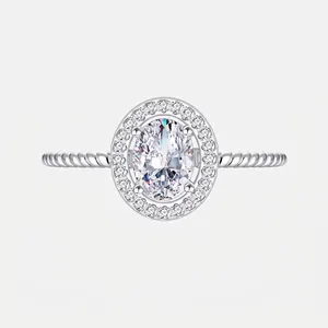 925 Sterling Silver Oval Moissanite Zirconia Ring For Women Luxury Halo Engagement Ring Twisted Band Wedding Jewelry