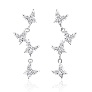 Sparkling S925 sterling silver butterfly fringe earrings with micro-pave white zircons