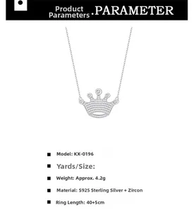 Détail du collier couronne en argent 925 avec zircons et spécifications techniques