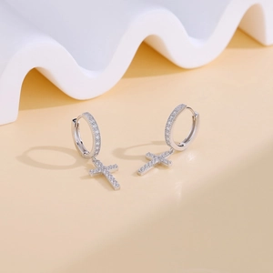 Classic S925 sterling silver cross drop earrings with pavé cubic zirconia accents