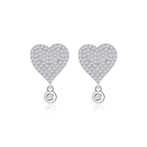 Elegant S925 sterling silver heart-shaped stud earrings with pavé diamonds and drop stone