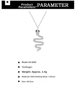S925 sterling silver snake pendant necklace with pavé cubic zirconia and black gems