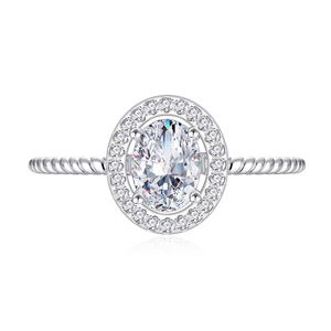 Elegant 925 sterling silver halo ring with oval moissanite and twisted rope band