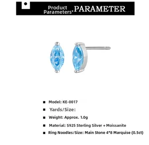 Detailed specs of marquise-cut light blue moissanite earrings in S925 sterling silver