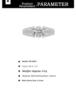 Macro detail of S925 silver ring with 1 carat zircon and technical specifications