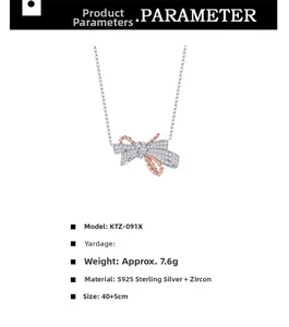 Detail view of S925 silver bow necklace with zircon settings and 40+5cm chain size