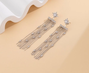 Dettaglio degli orecchini in argento S925 con stella e nappe di cristalli luccicanti