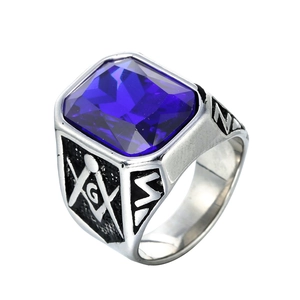 Men's silver stainless steel Freemason ring with rectangular blue gemstone and G symbol
