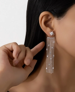 Dettaglio macro degli orecchini a stella in argento S925 con nappe di zirconi
