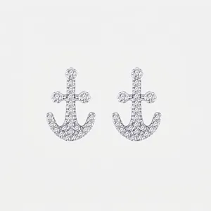 S925 Sterling Silver Anchor Stud Earrings For Women Men Full Zirconia Inlaid White Gold Plated Nautical Fashion Jewelry