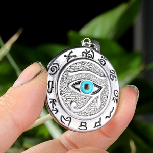 Silver Eye of Horus stainless steel pendant with blue stone inlay and ancient runes