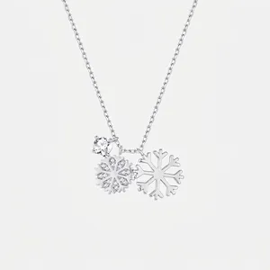 925 Sterling Silver Double Snowflake Pendant Necklace For Women Elegant Winter Zirconia Clavicle Chain Jewelry Christmas Gift
