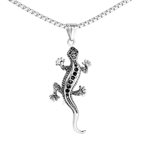 Collier pendentif gecko hip hop en acier inoxydable avec strass noirs sur chaîne box