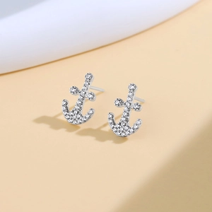 Sparkling S925 sterling silver anchor stud earrings with white zircon pavé setting