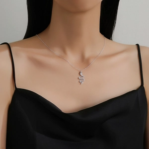 Elegant S925 sterling silver snake pendant necklace with sparkling pavé cubic zirconia