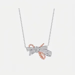 S925 Sterling Silver Bowknot Pendant Necklace For Women Bicolor Inlaid Zirconia Chic Elegant Fashion Commuter Jewelry Gift