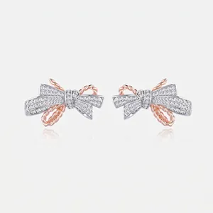925 Sterling Silver Bow Stud Earrings For Women Two-Tone Silver Rose Gold Plated Zirconia Inlaid Ribbon Fashion Jewelry