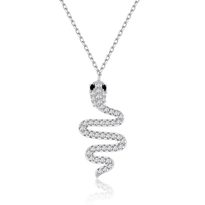 S925 sterling silver snake pendant necklace with shimmering crystals and black eyes