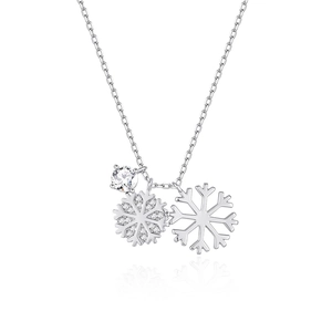 Elegant silver double snowflake necklace with sparkling zircon pendant on white background
