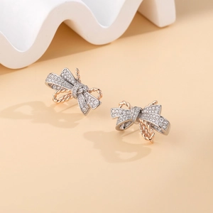S925 sterling silver bow earrings with two-tone gold plating and full diamond zircons