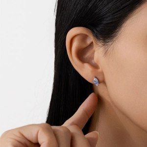 S925 silver stud earring with marquise cut blue moissanite shown on model ear