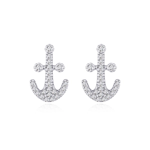 Sparkling S925 sterling silver anchor stud earrings with micro-pave cubic zirconia crystals