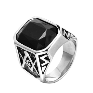 Retro stainless steel Masonic ring with square black gemstone and G symbol engraving