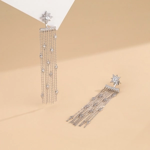 Eleganti orecchini a stella in argento S925 con lunghe frange di nappe diamantate