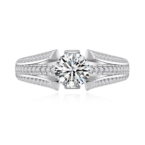 S925 sterling silver ring with 1ct round moissanite and pave setting on wide band