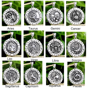 Lot de 12 colliers pendentifs zodiaque en acier inoxydable avec relief 3D sur fond extérieur