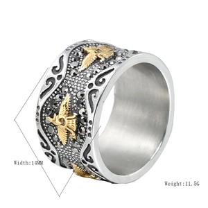 Vintage eagle titanium steel ring for men with 14mm width and intricate carved details