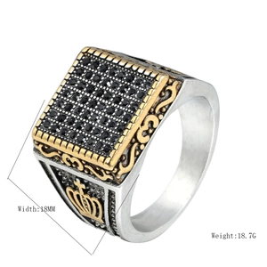 Titanium steel square signet ring with black zircon and golden crown side carving