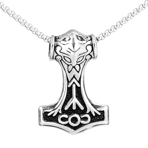 Vintage Thor's Hammer pendant necklace with Nordic runes and stainless steel box chain