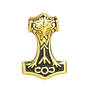 Nordic Mjölnir Thor's Hammer pendant in antique gold stainless steel with relief engraving