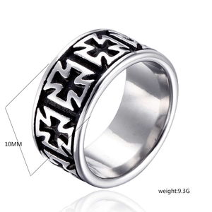 Detail view of 10mm wide stainless steel ring with black Maltese cross patterns