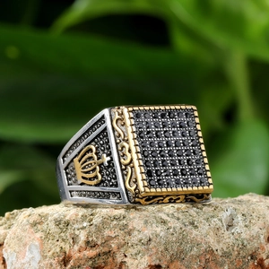 Vintage titanium steel signet ring with black cz square top and gold crown relief